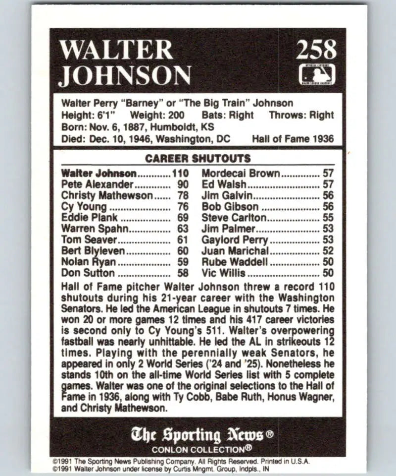 Walter Johnson baseball card statistics and career info from Conlon Collection 1991