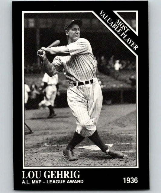 Black and white baseball card of Lou Gehrig in pinstripes, Conlon Collection, Yankees