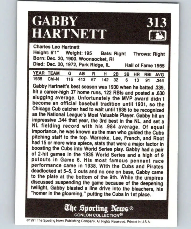 Baseball card showcasing Gabby Hartnett’s stats from the Conlon Collection for Chicago Cubs