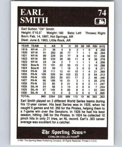 Earl Smith Pittsburgh Pirates baseball card with career statistics from The Sporting News