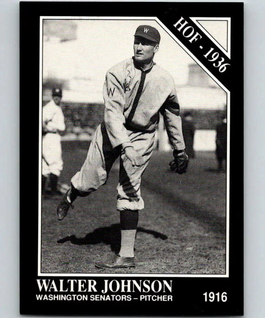 Black and white photo of Walter Johnson pitching for the Washington Senators baseball card