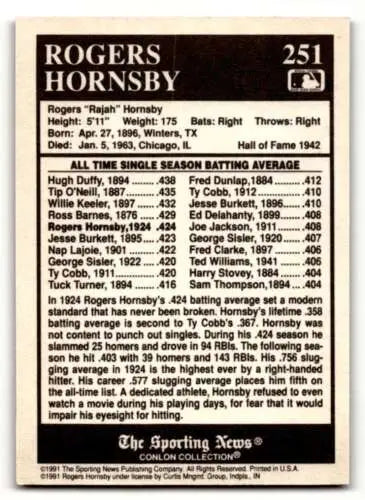 Rogers Hornsby baseball card from 1991 Conlon Collection TSN featuring original gloss