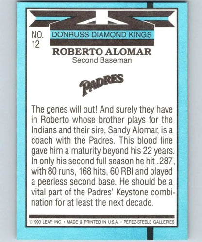 1990 Donruss Diamond Kings baseball card of Roberto Alomar, San Diego Padres second baseman