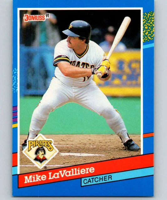 Baseball card of Mike LaValliere batting in white uniform for Pittsburgh Pirates