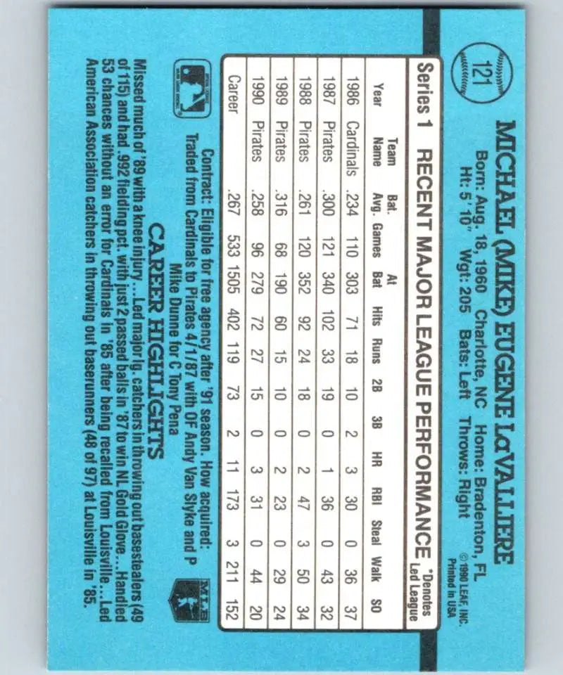 Light blue back of 1991 Donruss Mike LaValliere baseball card with player stats