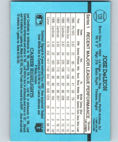 Light blue 1991 Donruss Jose DeLeon baseball card with player stats for Louis Cardinals