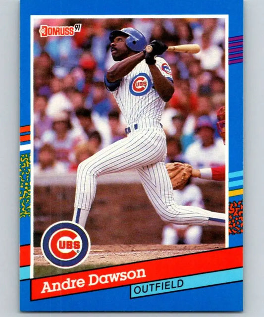 1991 Donruss #129 Andre Dawson Chicago Cubs baseball card of an outfielder mid-swing