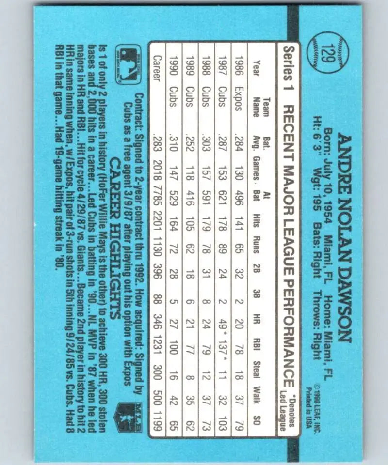 1991 Donruss #129 Andre Dawson Chicago Cubs Baseball Card with player stats on back