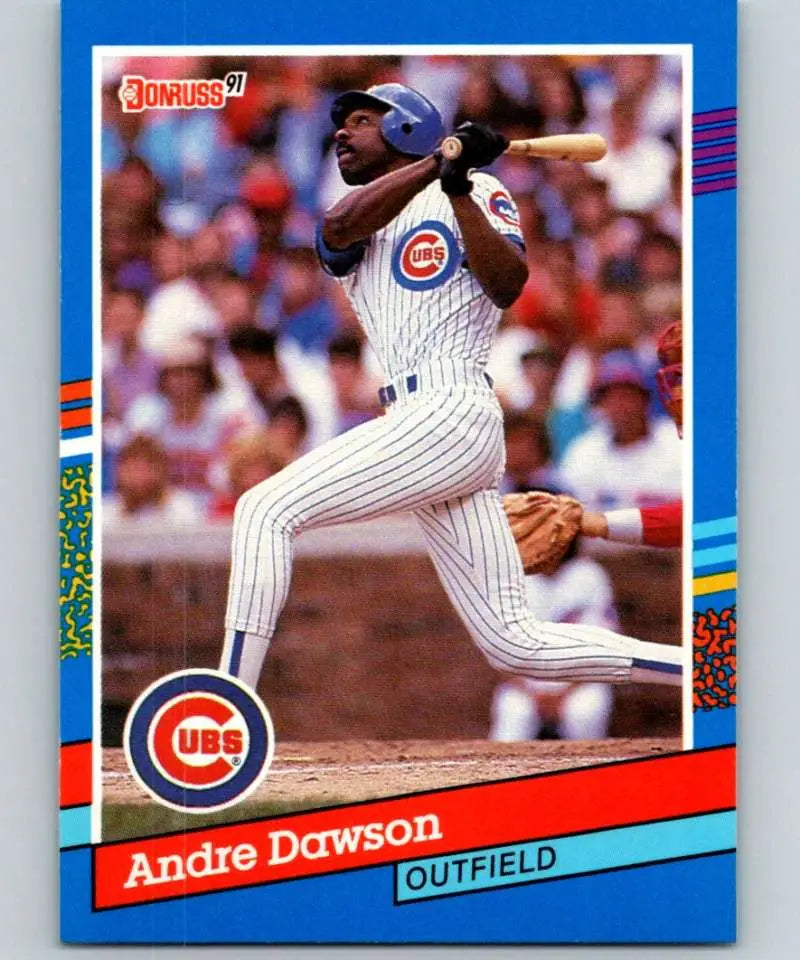 1991 Donruss #129 Andre Dawson Chicago Cubs baseball card of an outfielder mid-swing