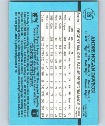 1991 Donruss #129 Andre Dawson Chicago Cubs Baseball Card with player stats on back