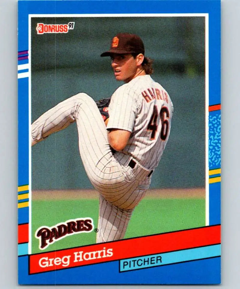 1991 Donruss #131 Greg Harris baseball card of San Diego Padres pitcher in wind-up pose