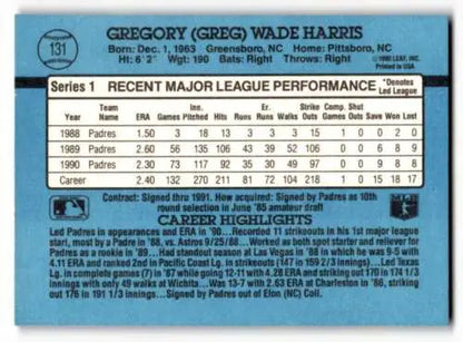 Baseball card back of 1991 Donruss Greg Harris San Diego Padres with original gloss