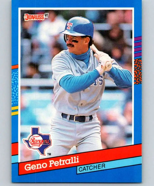 1991 Donruss Baseball Card of Geno Petralli at bat for Texas Rangers