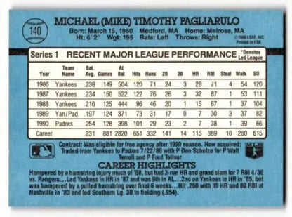 Baseball card back of 1991 Donruss #140 Mike Pagliarulo San Diego Padres original gloss