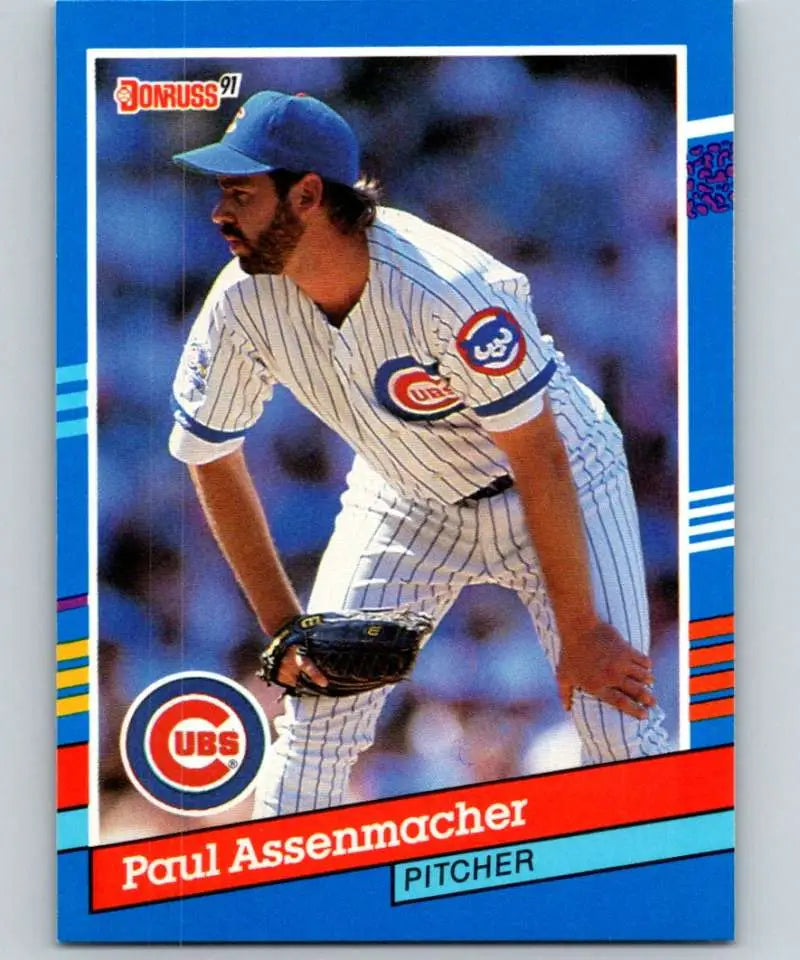 Chicago Cubs baseball card of Paul Assenmacher in white pinstriped uniform