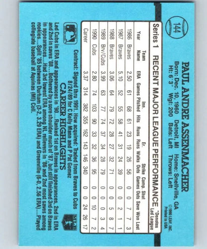 Light blue baseball card back featuring Paul Assenmacher Chicago Cubs statistics