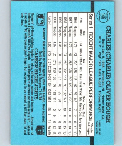 Baseball card statistics grid in blue ink showcasing Charlie Hough Texas Rangers performance data