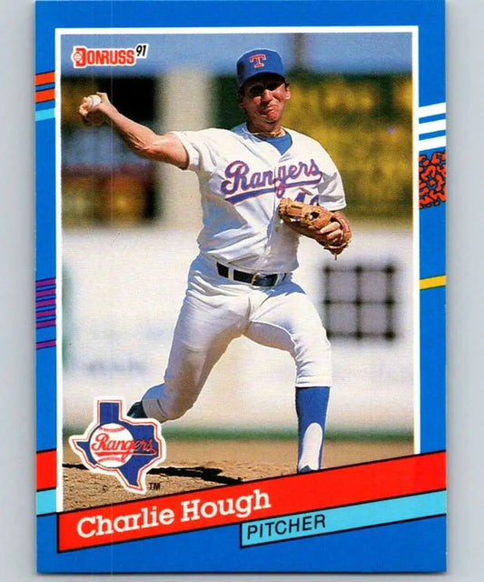 1991 Donruss Charlie Hough Texas Rangers baseball card in mid-throwing motion