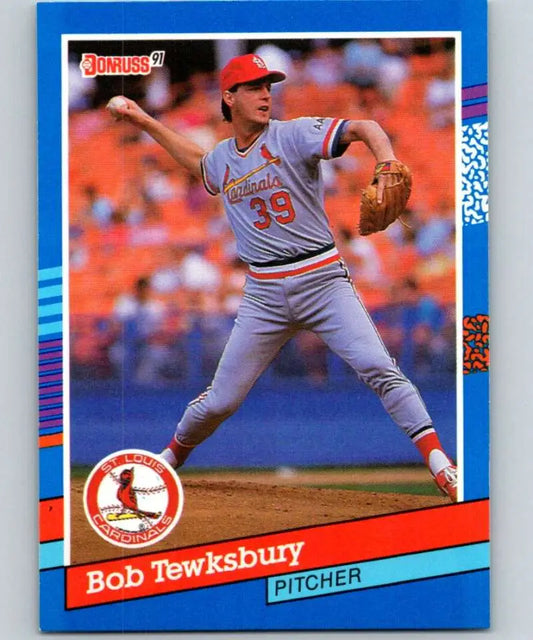 1991 Donruss Bob Tewksbury baseball card of St. Louis Cardinals pitcher mid-delivery