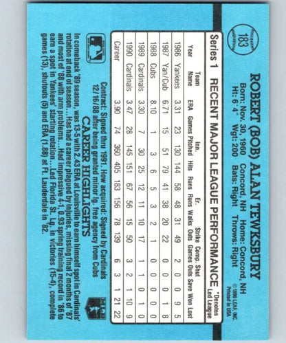 Light blue baseball card back featuring Bob Tewksbury statistics for Louis Cardinals