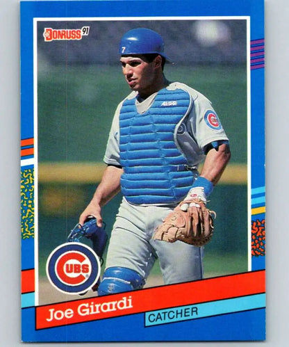 Joe Girardi Chicago Cubs baseball card featuring catcher in uniform with blue chest protector