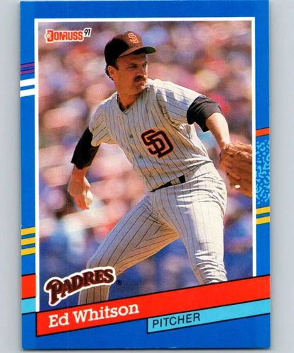 1991 Donruss Ed Whitson San Diego Padres baseball card of pitcher mid-delivery