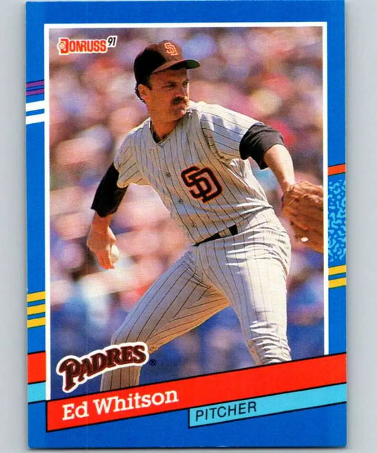 1991 Donruss Ed Whitson San Diego Padres baseball card of pitcher mid-delivery