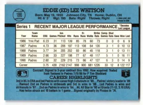 Eddie Lee Whitson San Diego Padres baseball card with original gloss, 1991 Donruss