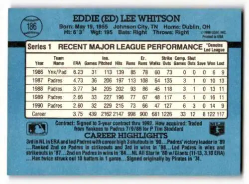 Eddie Lee Whitson baseball card featuring original gloss from San Diego Padres 1991 Donruss