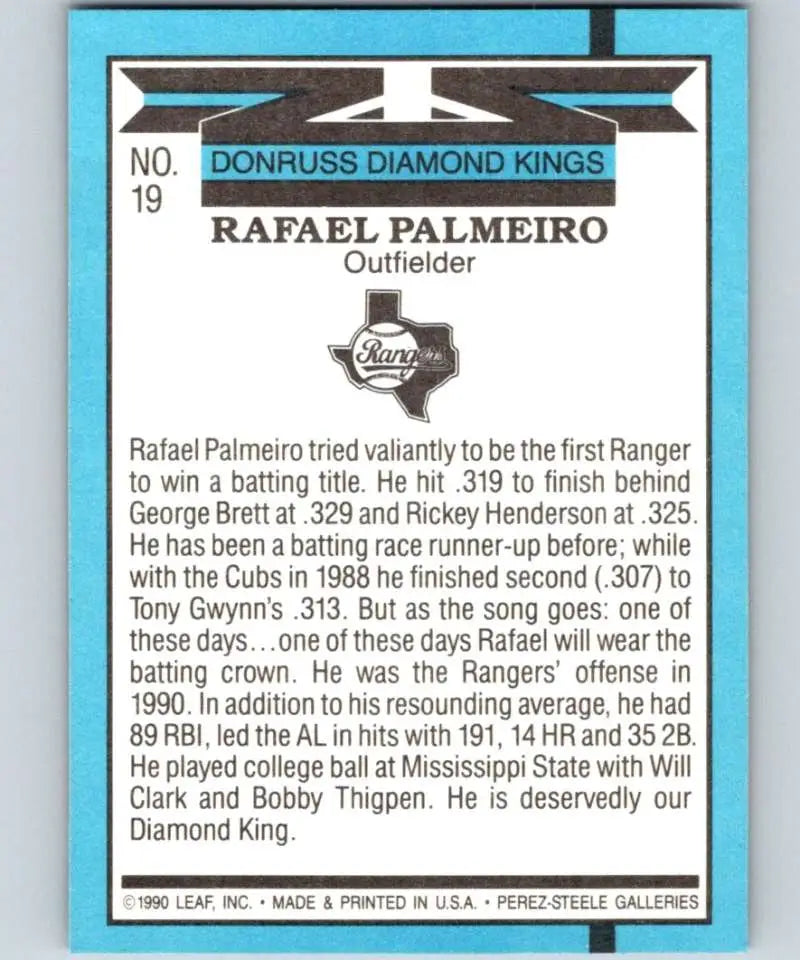 Rafael Palmeiro 1991 Donruss baseball card from Texas Rangers Diamond Kings series