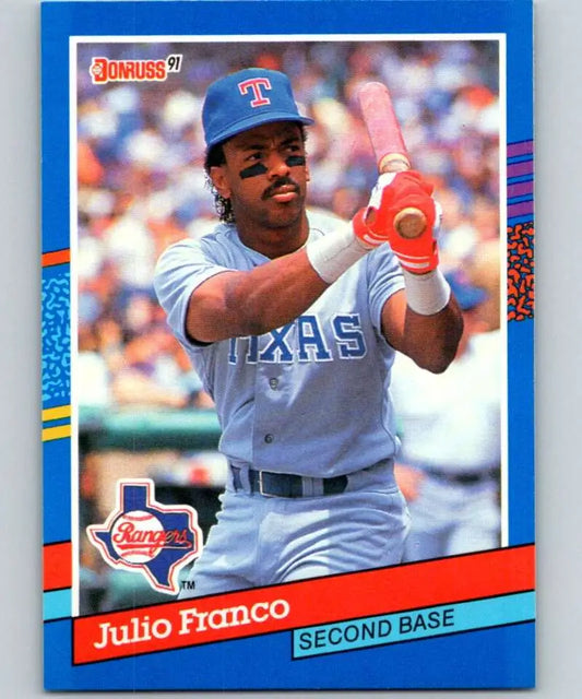 Julio Franco Texas Rangers baseball card with player in gray uniform holding pink bat