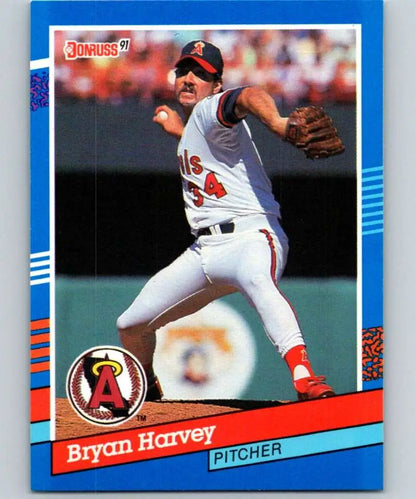 Baseball card of Bryan Harvey in white and red California Angels uniform