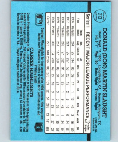 Light blue statistics grid showcasing Don Slaught performance for Pittsburgh Pirates Baseball Card