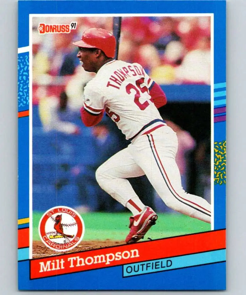 Baseball card of Milt Thompson in a white Louis Cardinals uniform with red trim