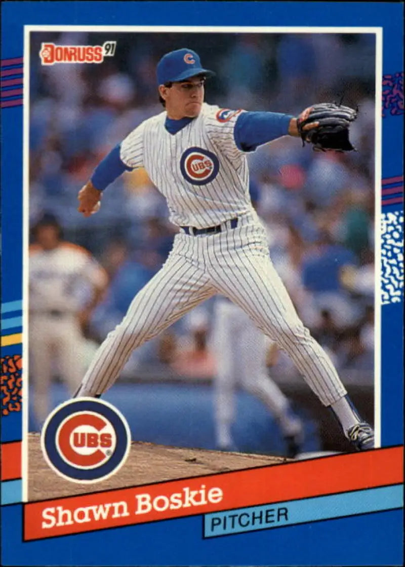 Shawn Boskie mid-pitch in pinstripe uniform on Chicago Cubs baseball card