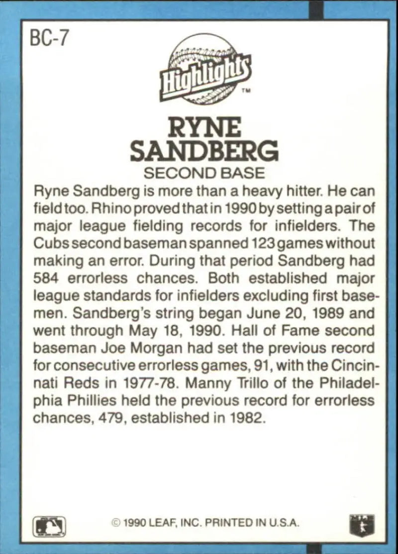 Baseball card featuring Ryne Sandberg stats in 1991 Donruss Shawn Boskie Chicago Cubs card