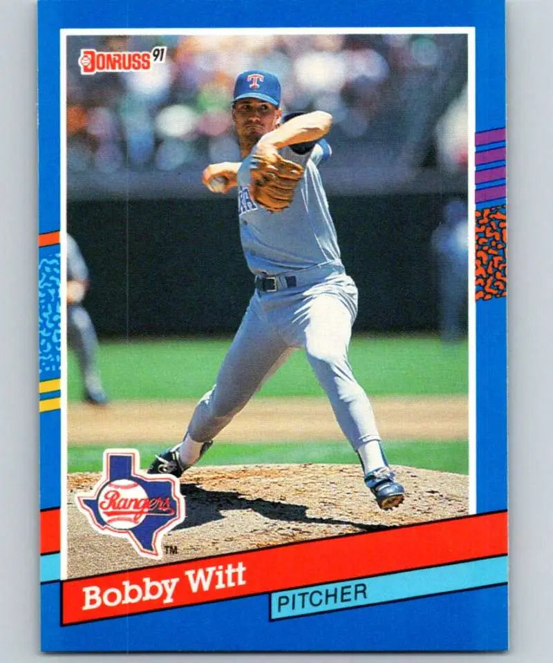 1991 Donruss Baseball Card of Bobby Witt from Texas Rangers in mid-delivery action