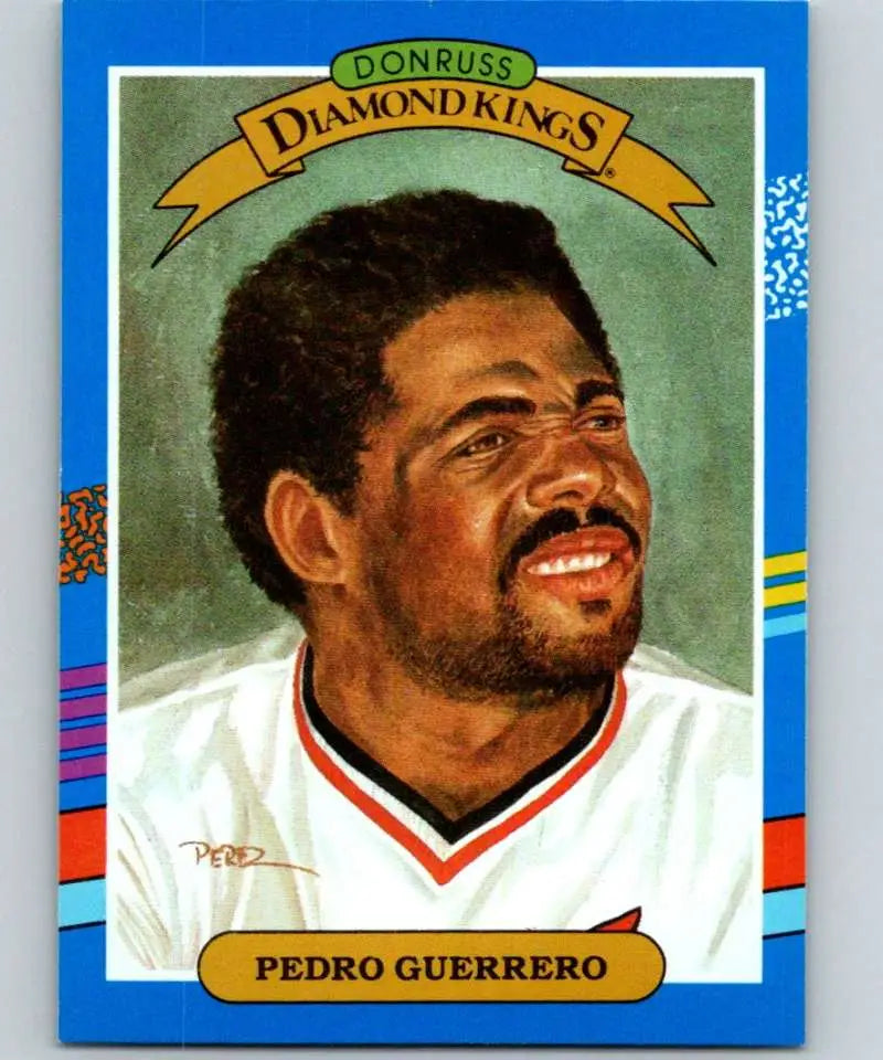 1991 Donruss Pedro Guerrero baseball card with blue border and white uniform artwork