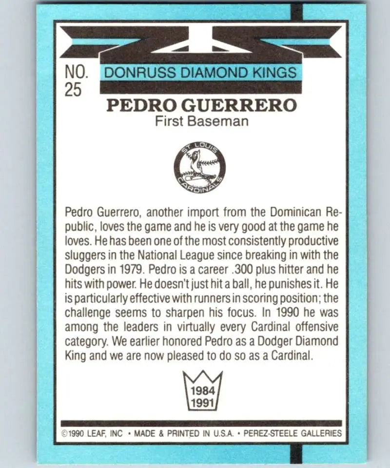 1991 Donruss #25 Pedro Guerrero DK UER NM-MT St. Louis Cardinals Baseball Card image