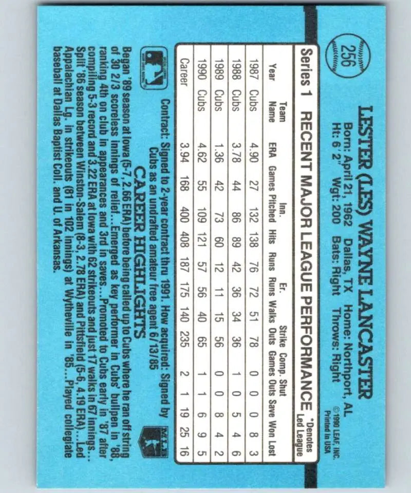 Light blue baseball card featuring Les Lancaster statistics for Chicago Cubs collector