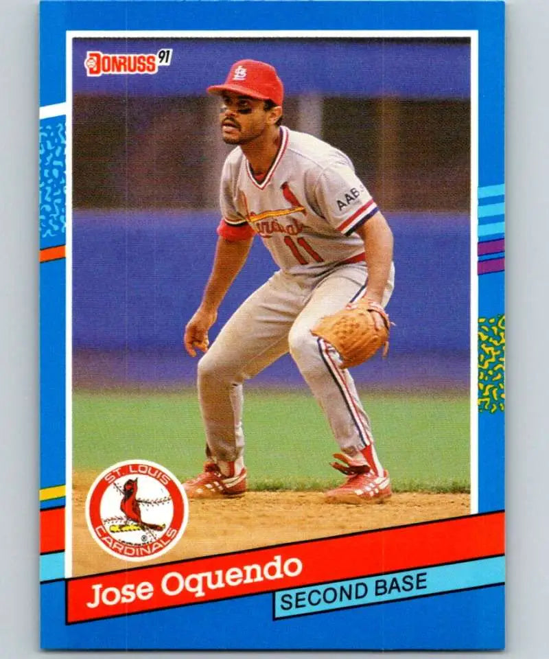 1991 Donruss #281 Jose Oquendo in fielding stance for St. Louis Cardinals baseball card