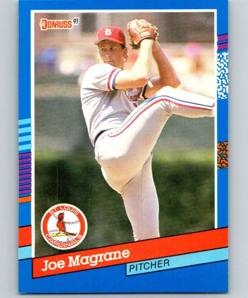 Baseball card of Joe Magrane delivering pitch in St. Louis Cardinals uniform