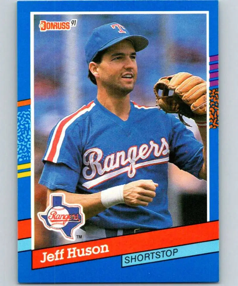 1991 Donruss baseball card of Jeff Huson, Texas Rangers shortstop in blue uniform