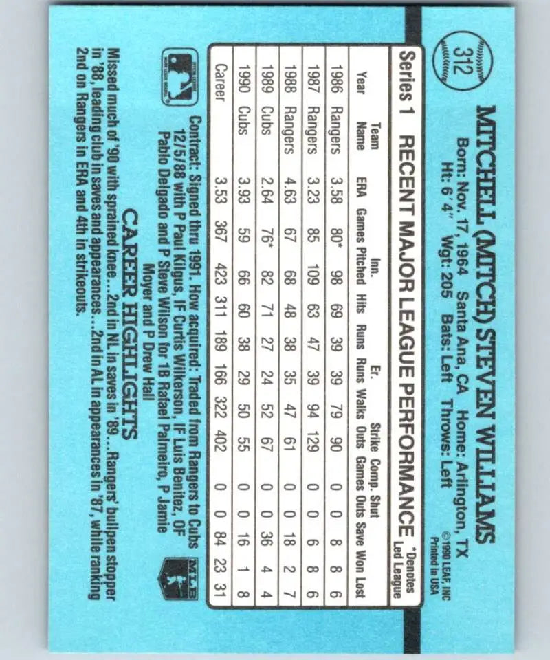 Light blue statistics grid on 1991 Donruss Mitch Williams Chicago Cubs Baseball Card