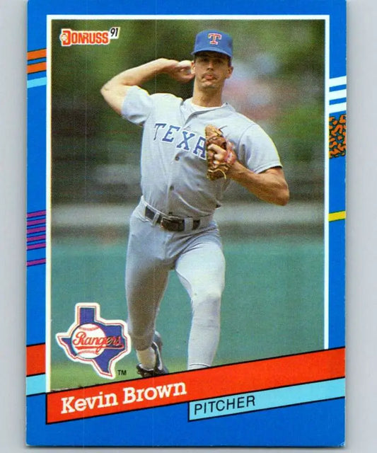 Baseball card of Kevin Brown in throwing motion for Texas Rangers 1991 Donruss #314