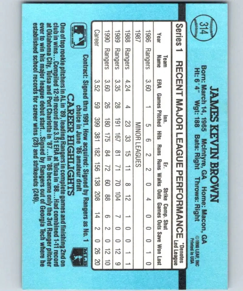 Blue baseball card statistics grid showcasing Kevin Brown Texas Rangers player performance data