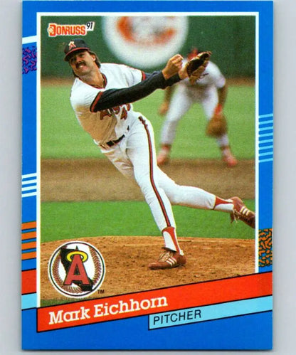 1991 Donruss #318 Mark Eichhorn pitching for California Angels baseball card in mid-throw