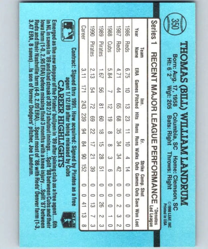 Light blue baseball card statistics grid for 1991 Donruss Bill Landrum, Pittsburgh Pirates