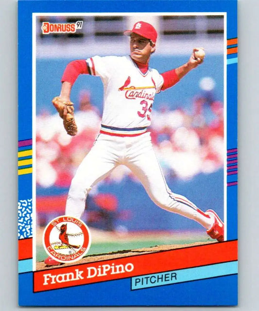 Baseball card of Frank DiPino pitching for the St. Louis Cardinals in a white uniform