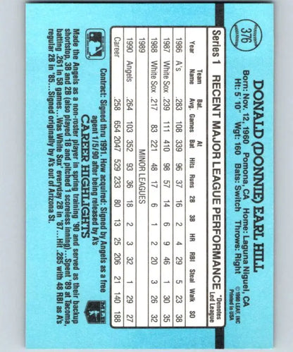 1991 Donruss #376 Donnie Hill California Angels Baseball Card on light blue paper